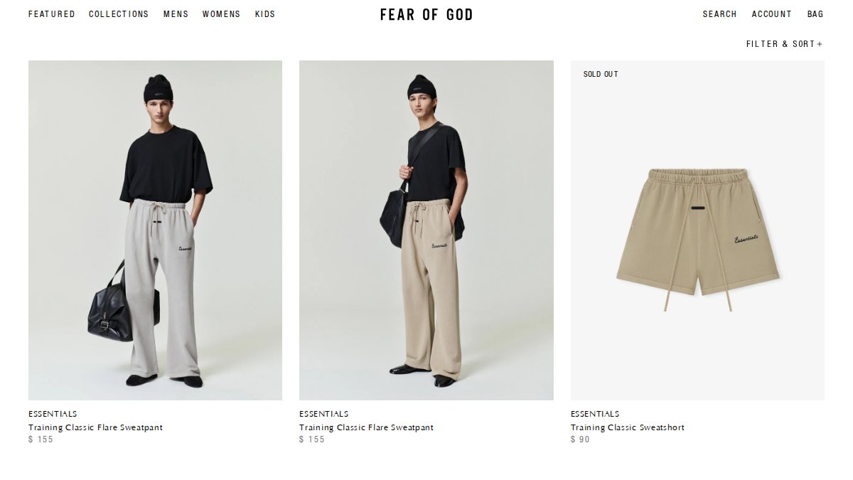 Screenshot of Essentials page on fearofgod.com
