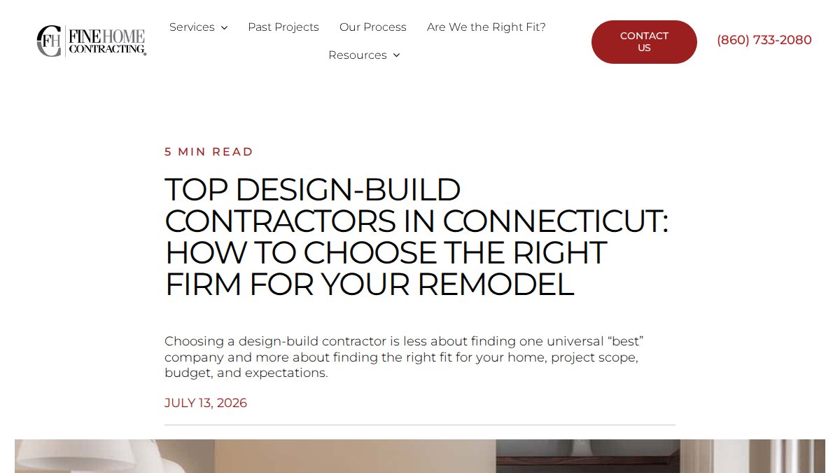 Screenshot of Top Design Build Contractors Connecticut page on finehomecontracting.com