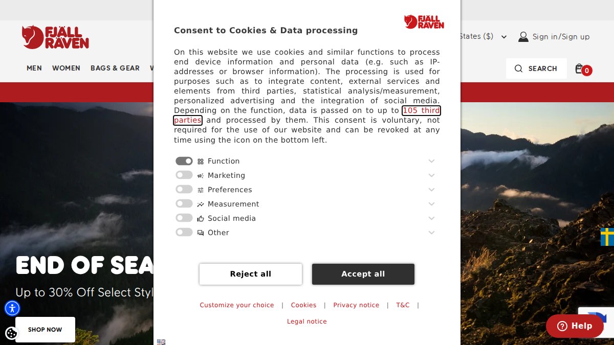 Screenshot of fjallraven.com interface
