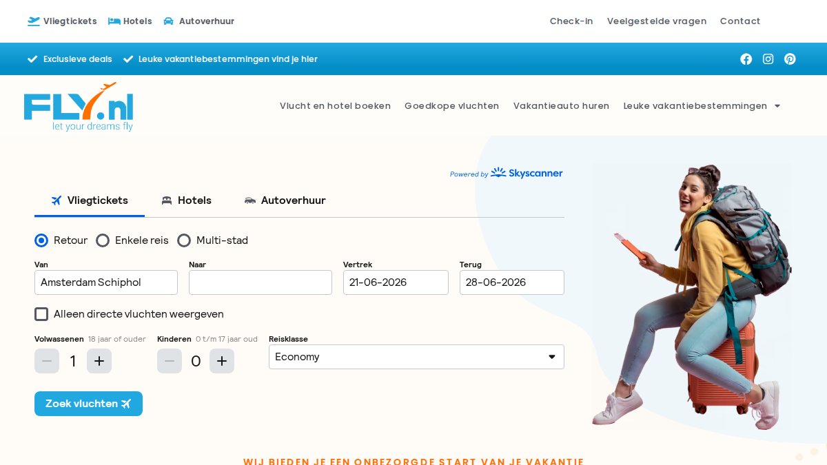 Screenshot of fly.nl interface
