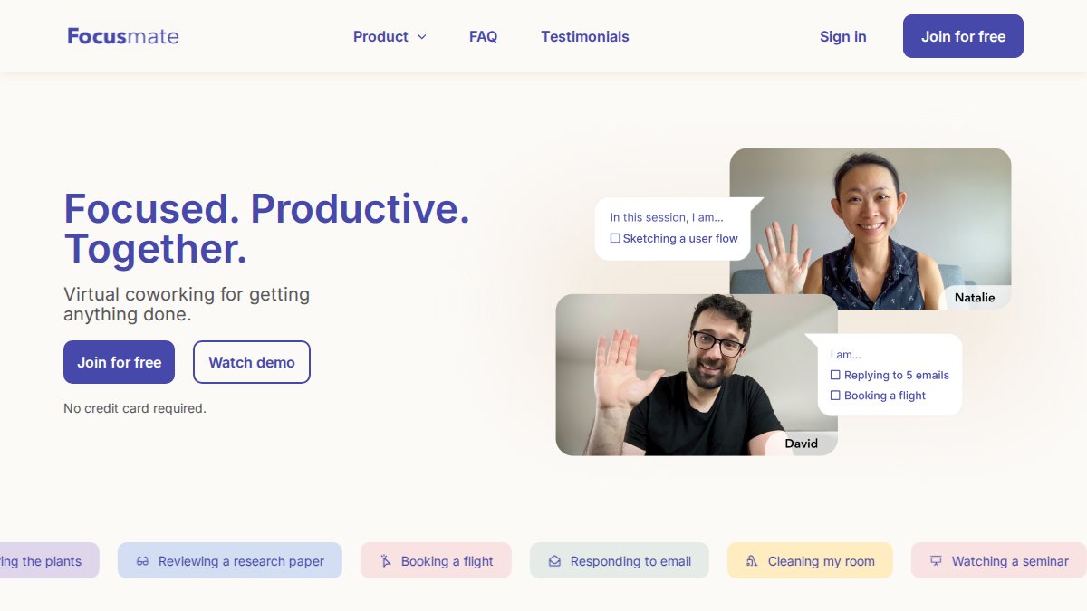 Screenshot of focusmate.com interface