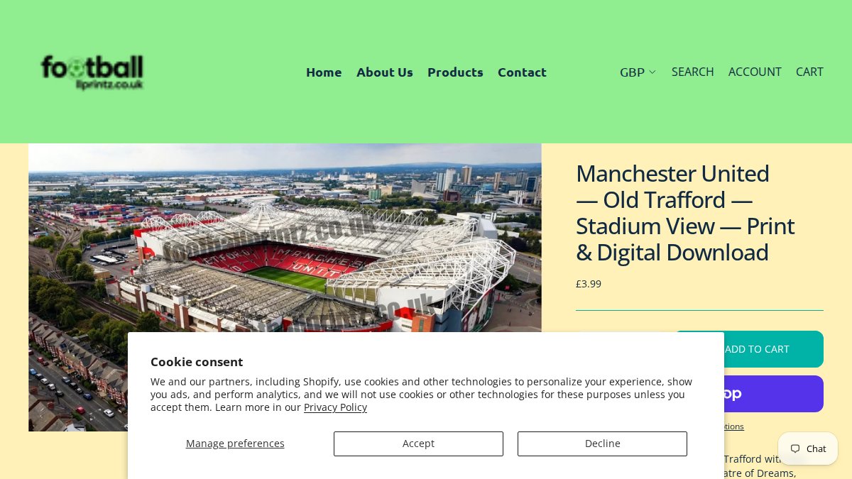 Screenshot of Digital Product page on footballprintz.co.uk