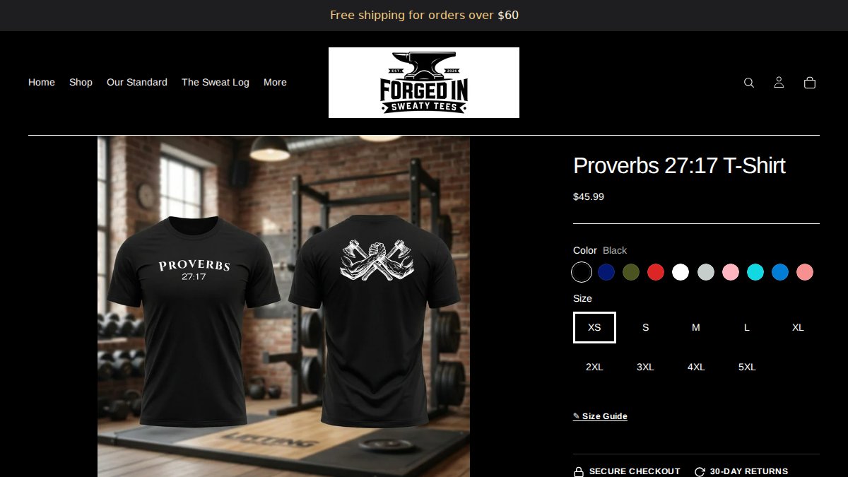 Screenshot of Proverbs 27 17 T Shirt page on forgedinsweatytees.fit