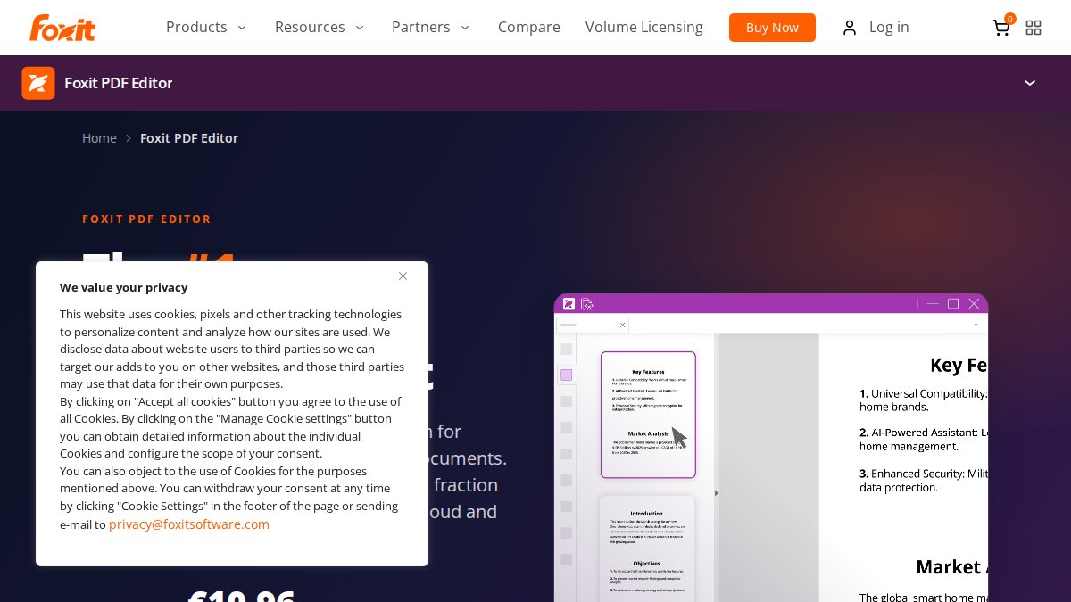 Screenshot of Pdf Editor page on foxit.com