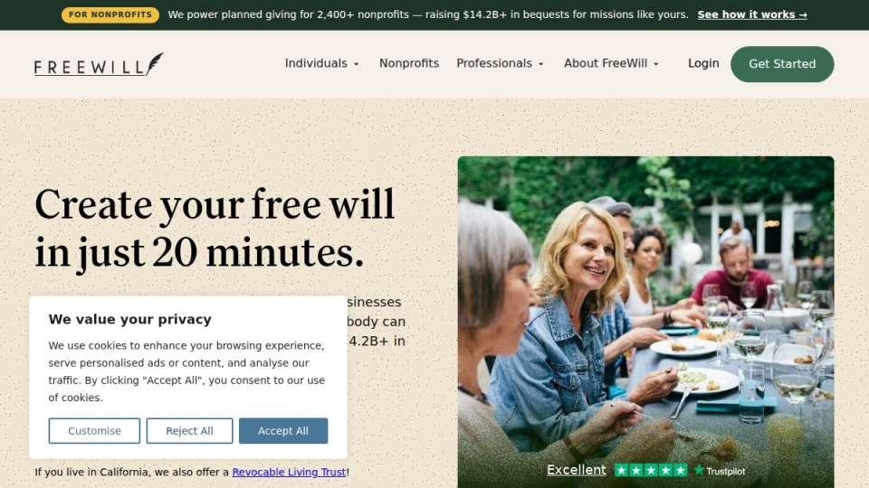 Screenshot of freewill.com interface