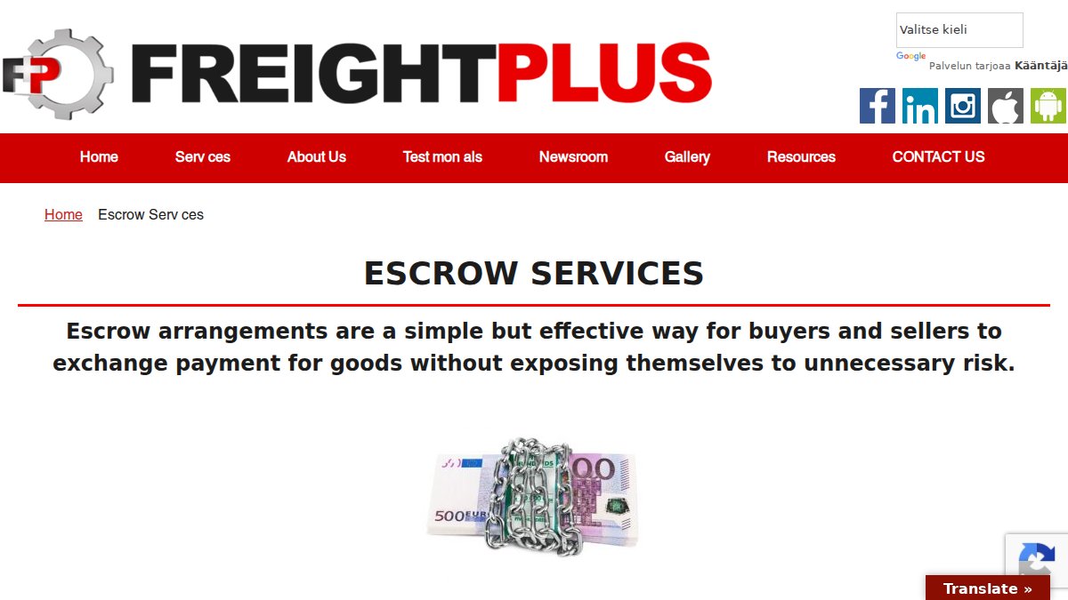 Screenshot of Escrow Services page on freightplus.com