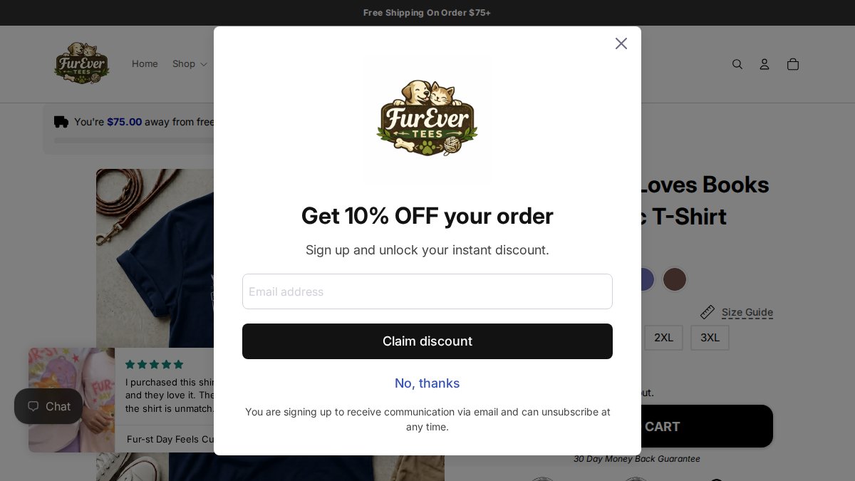 Screenshot of Reader Who Loves Books Cat Graphic T Shirt page on furevertees.shop