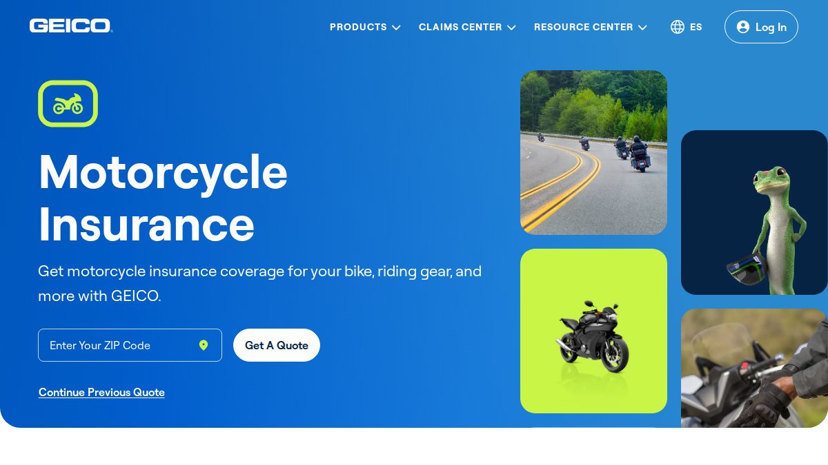 Screenshot of Motorcycle Insurance page on geico.com