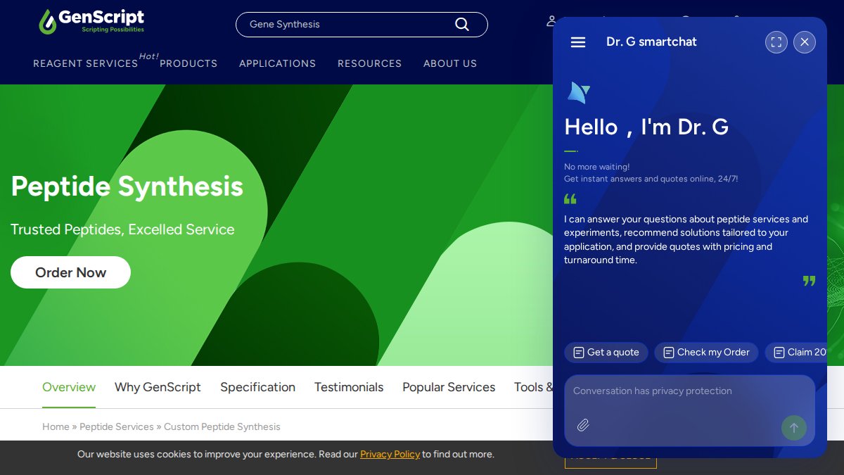 Screenshot of Peptide page on genscript.com