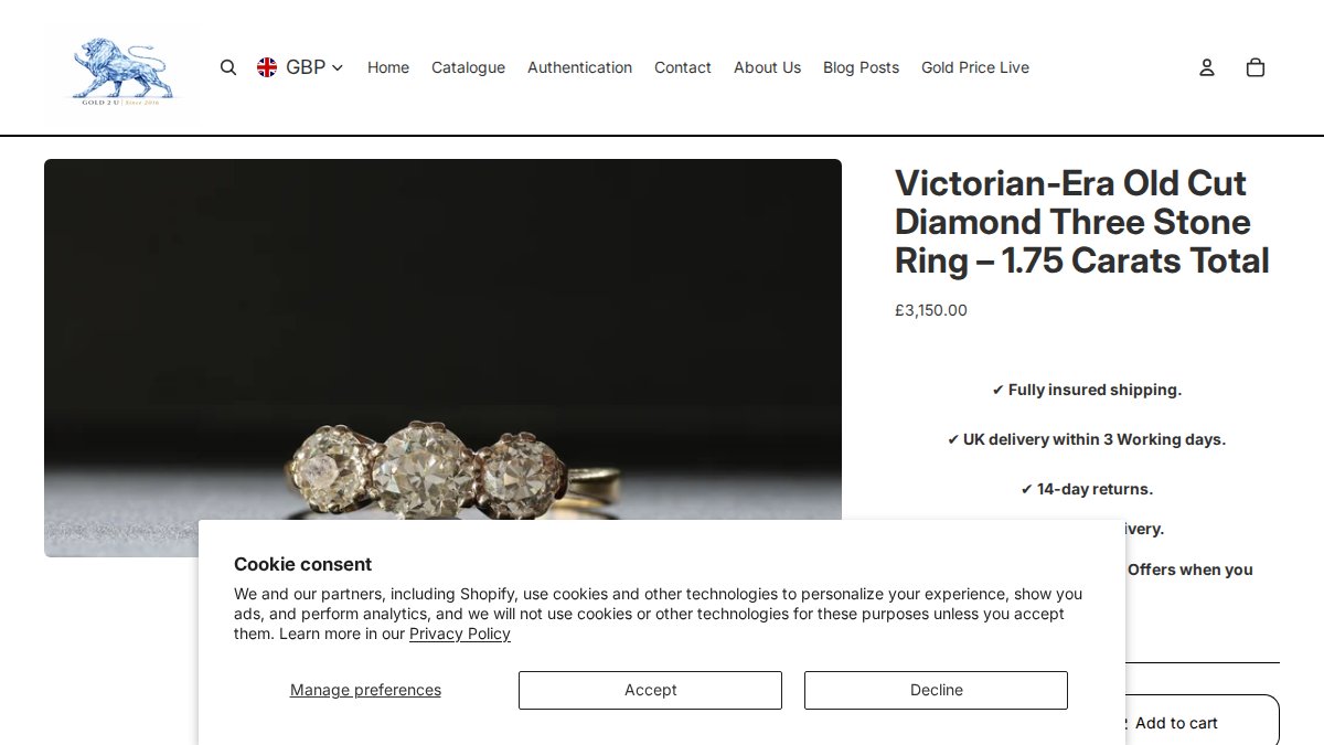 Screenshot of Victorian Era Old Cut Diamond Three Stone Ring 1 75 Carats Total page on gold2u.co.uk