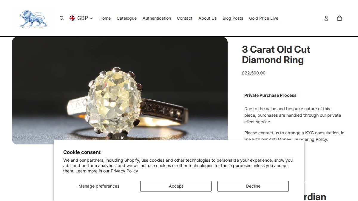 Screenshot of 3 Carat Old Cut Diamond Ring page on gold2u.co.uk