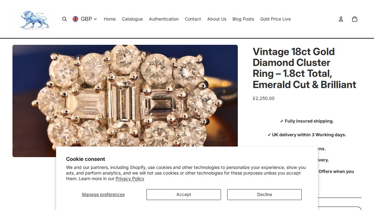 Screenshot of Vintage 18ct Gold Diamond Cluster Ring 1 8ct Total Emerald Cut Brilliant page on gold2u.co.uk