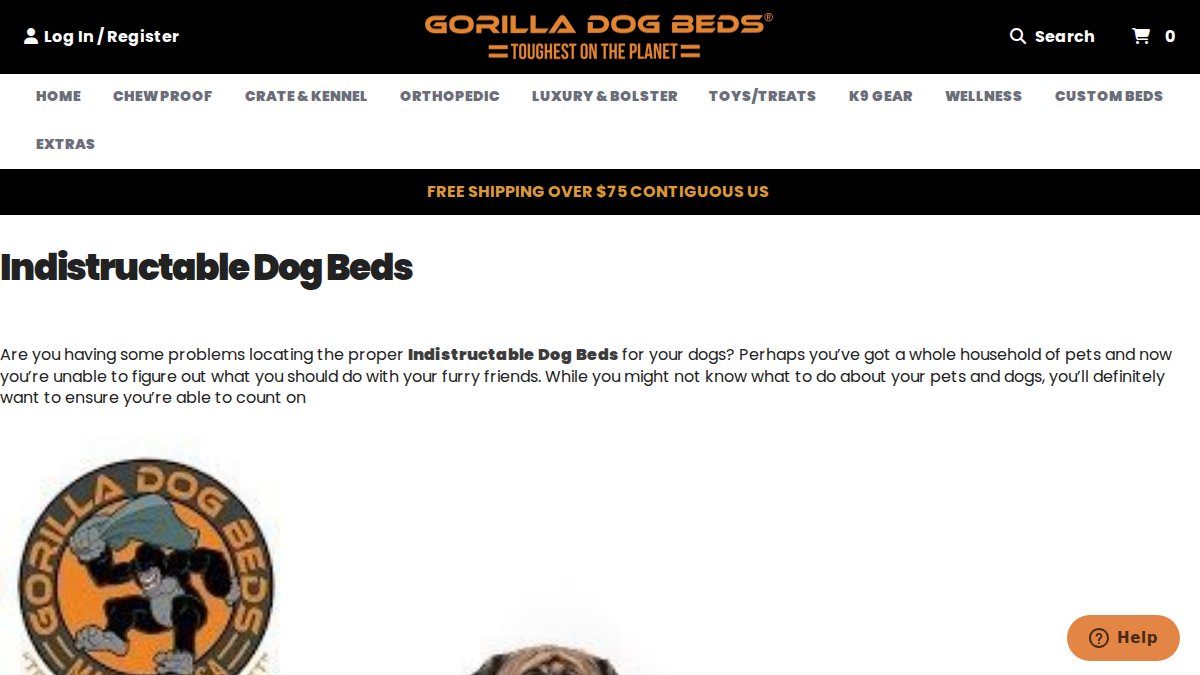Screenshot of Chew Proof Dog Beds page on gorilladogbeds.com
