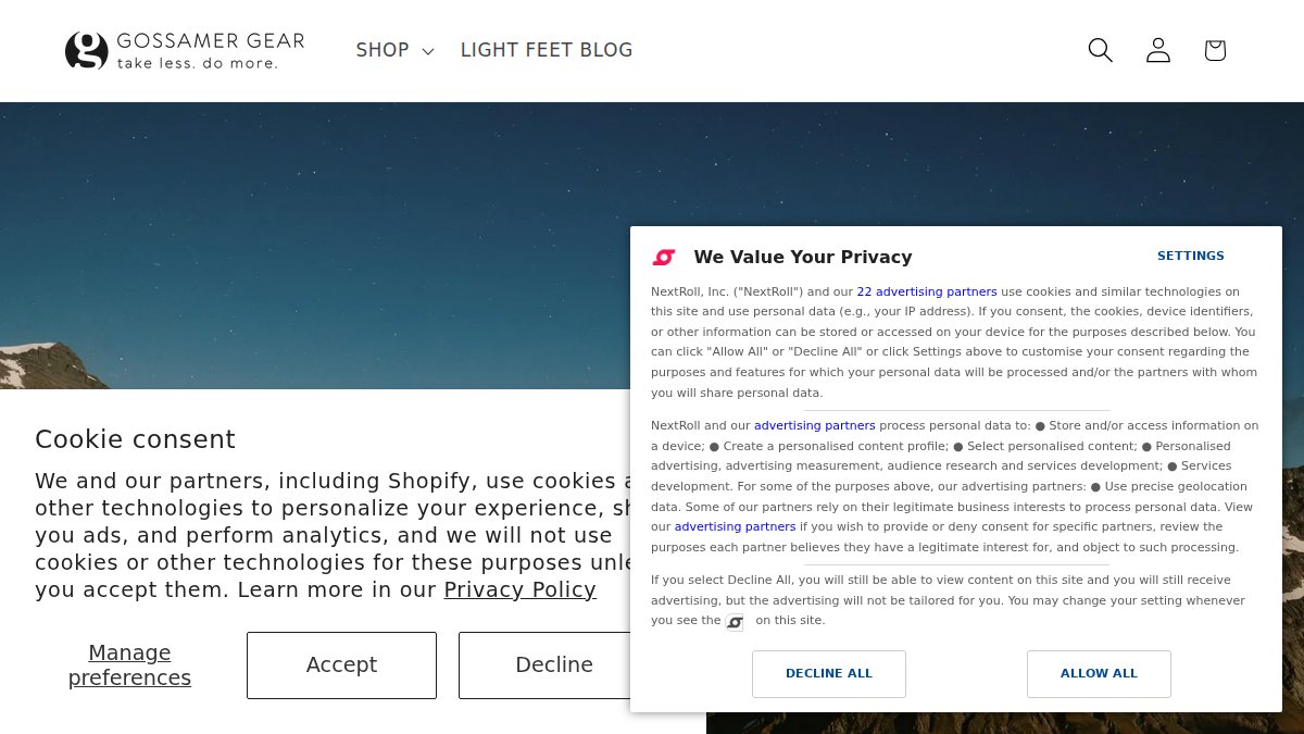 Screenshot of gossamergear.com interface