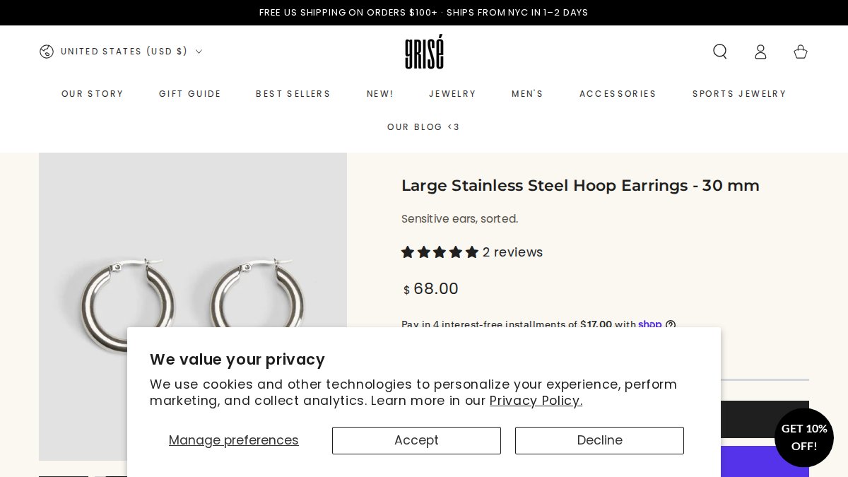 Screenshot of Stainless Steel Large Hoop Earrings Silver page on grise-nyc.com