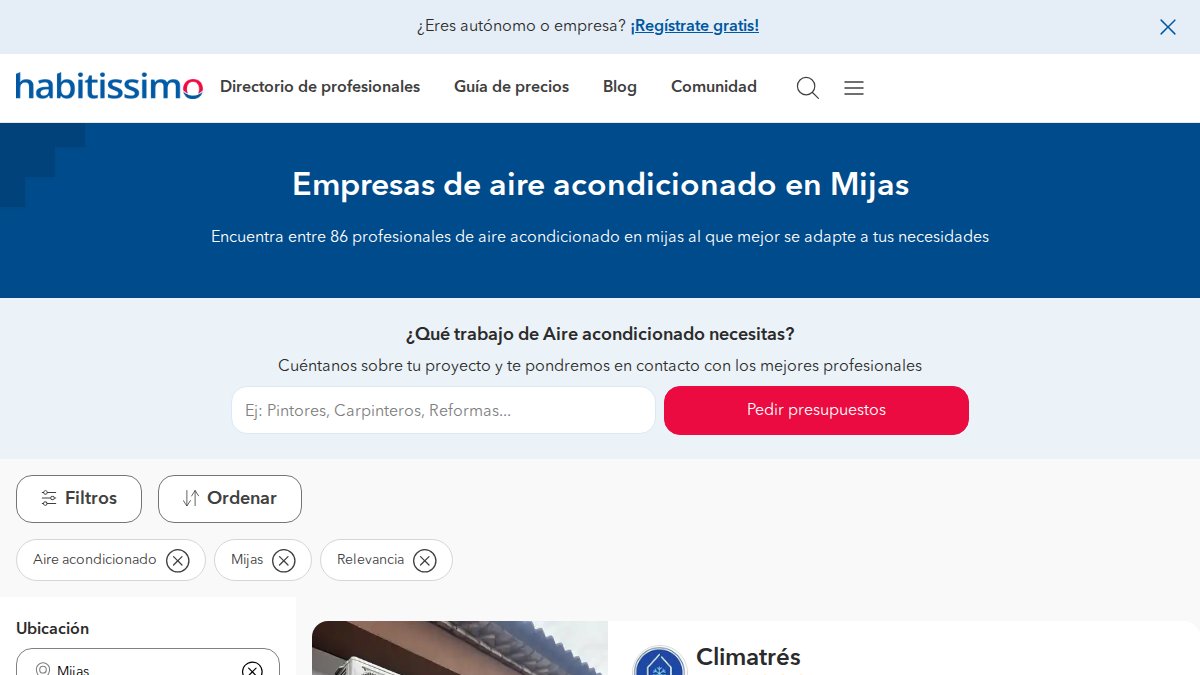 Captura del directorio de empresas de aire acondicionado de Mijas en Habitissimo
