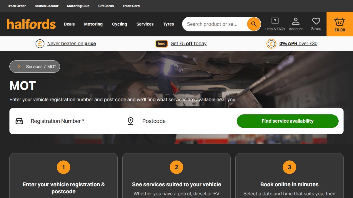 Screenshot of halfordsautocentres.com interface