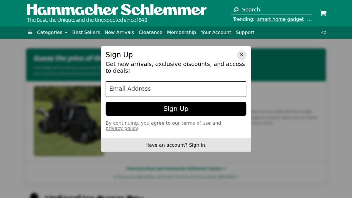 Screenshot of hammacher.com interface