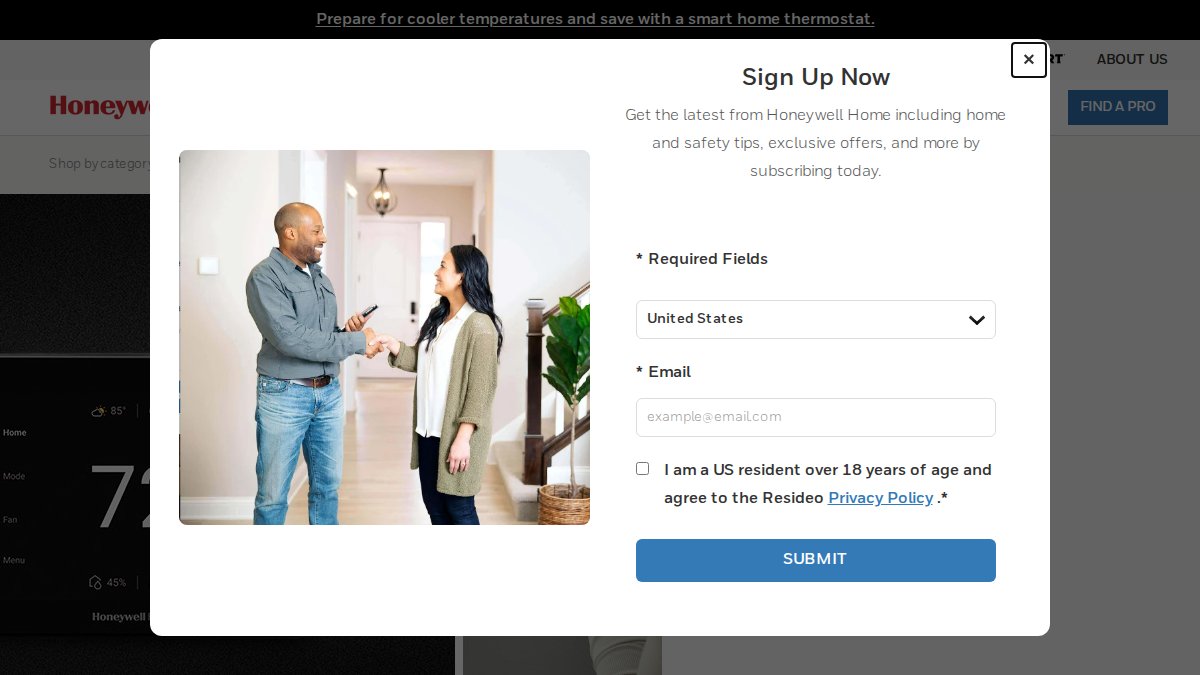 Screenshot of honeywellhome.com interface