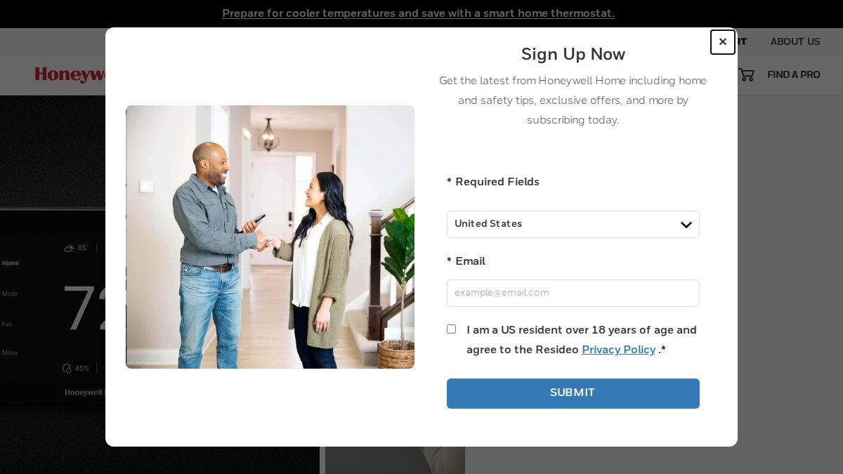 Screenshot of honeywellhome.com interface