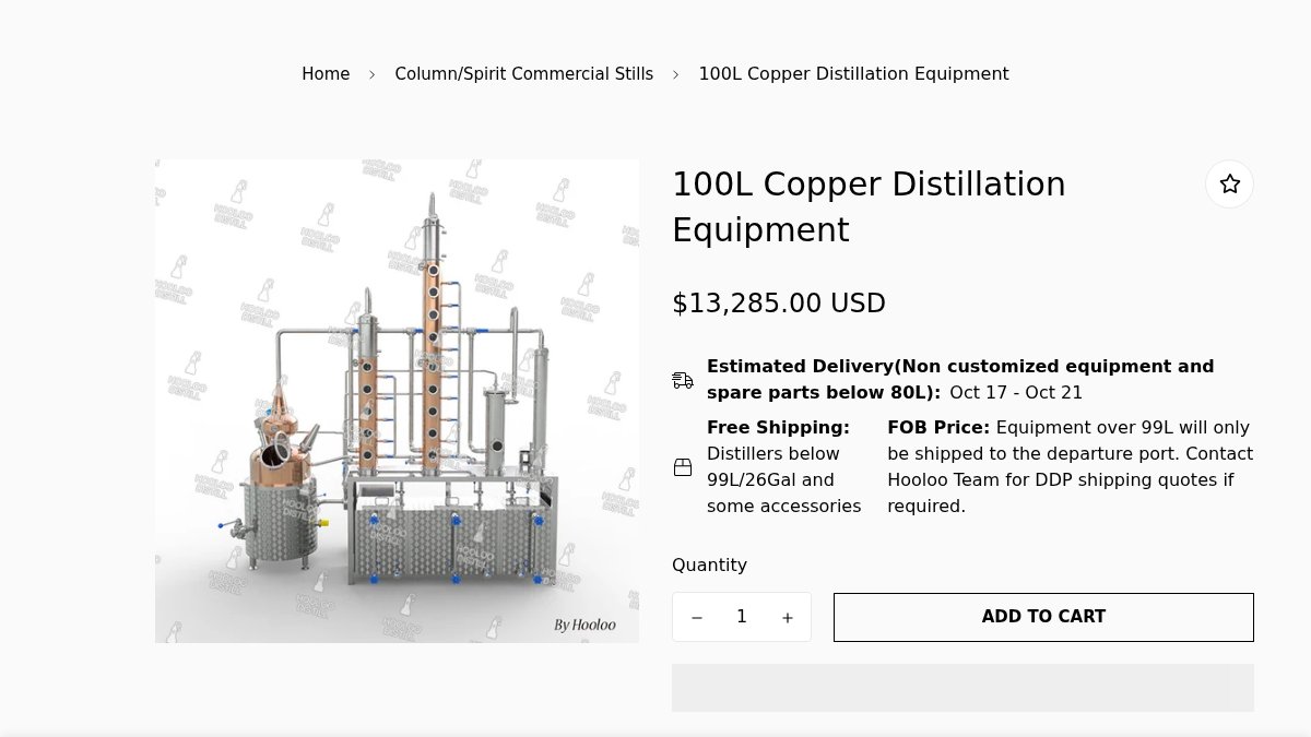 Screenshot of 100l Copper Distilling System page on hooloodistill.com