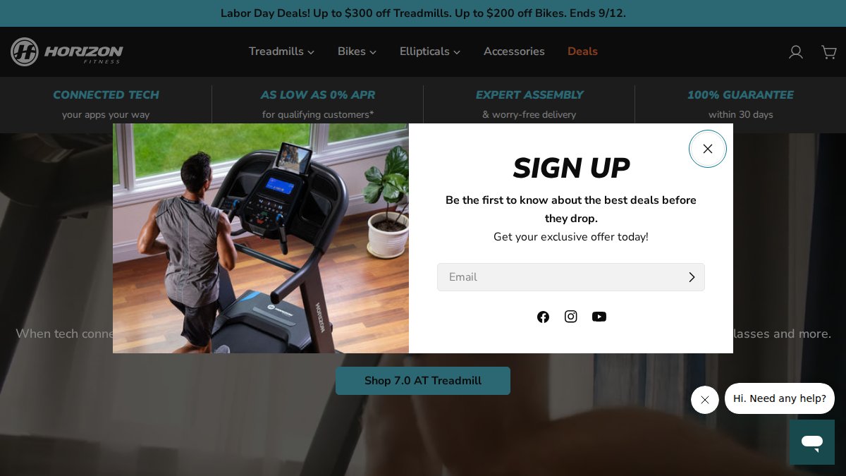 Screenshot of horizonfitness.com interface