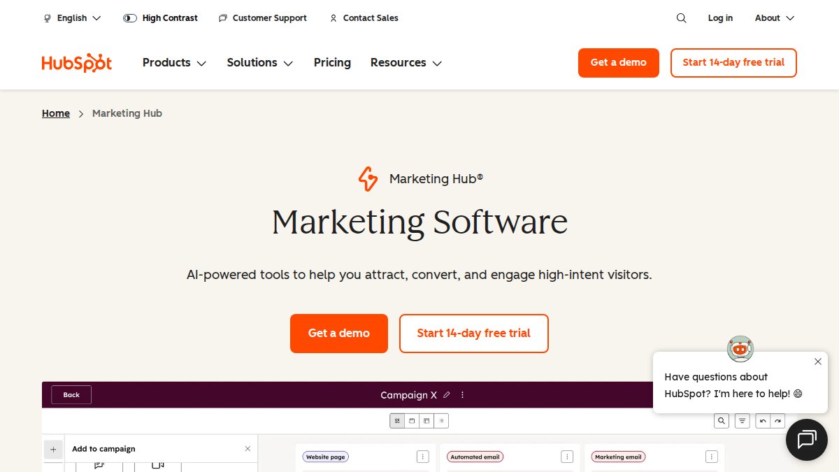 Screenshot of Marketing page on hubspot.com