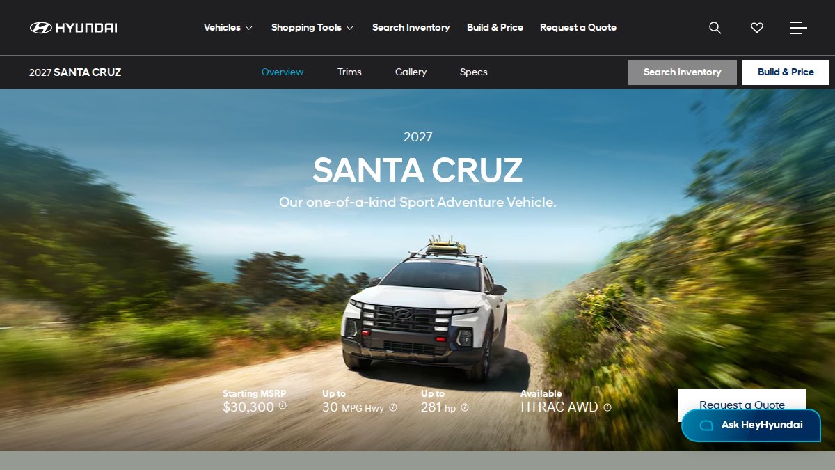 Screenshot of Santa Cruz page on hyundaiusa.com