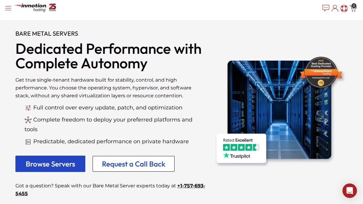 Screenshot of Bare Metal Servers page on inmotionhosting.com