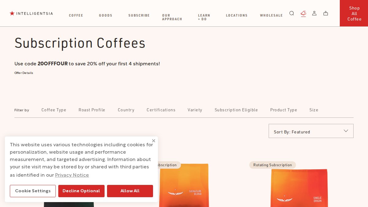 Screenshot of Subscription Coffees page on intelligentsiacoffee.com