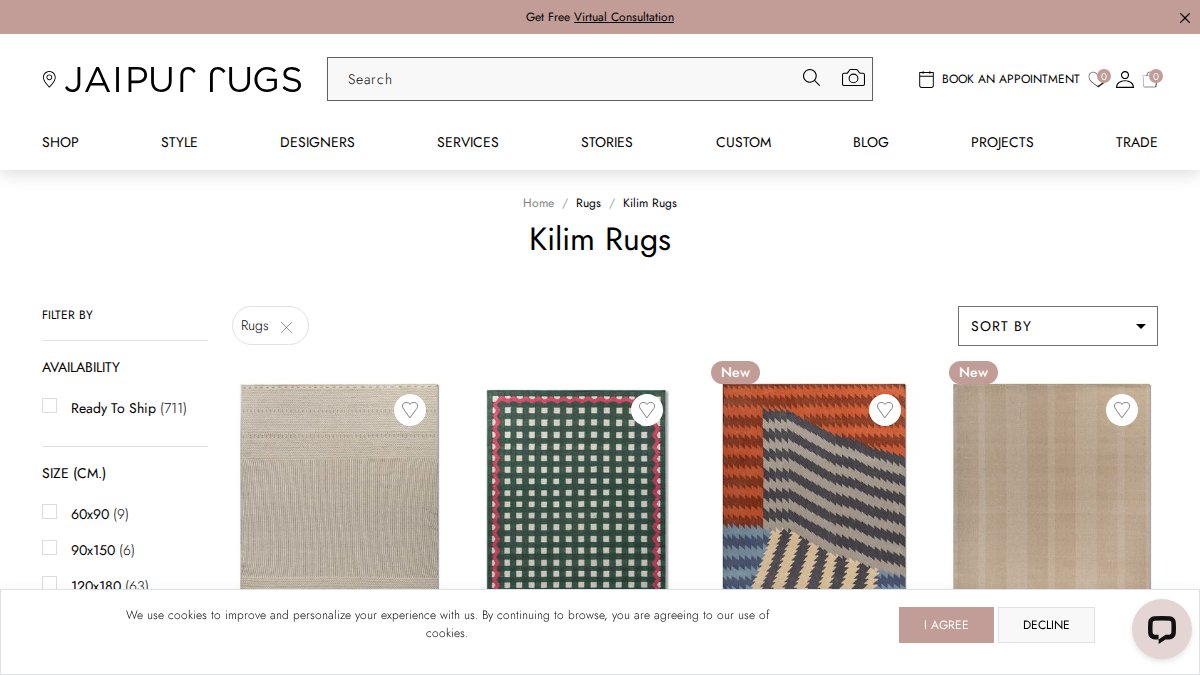 Screenshot of Kilim Rugs page on jaipurrugs.com