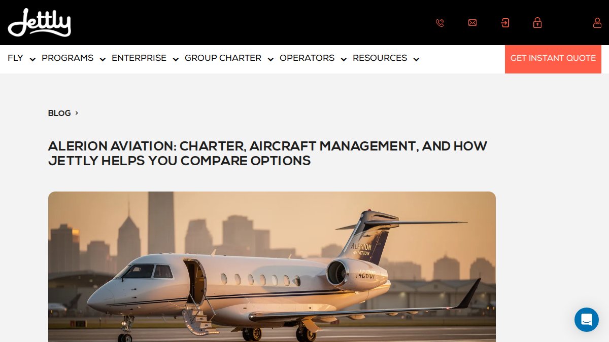 Screenshot of Alerion Aviation page on jettly.com