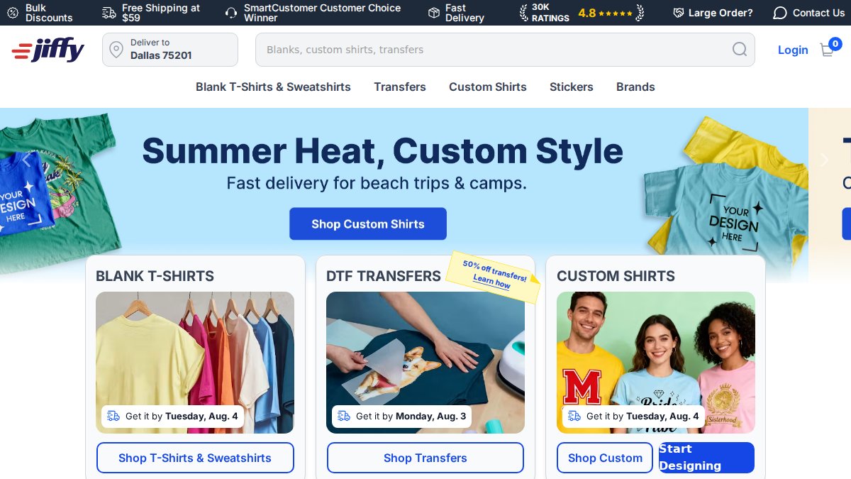 Screenshot of jiffyshirts.com interface