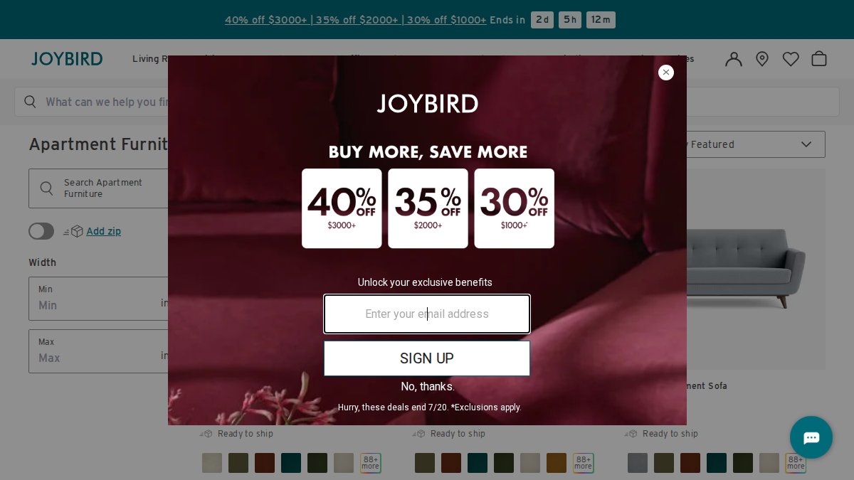Screenshot of Apartment Furniture page on joybird.com