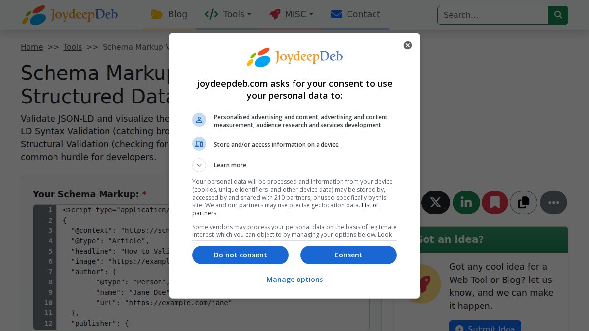 Screenshot of Schema Markup Validator page on joydeepdeb.com