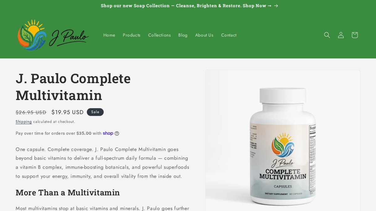 Screenshot of J Paulo Complete Multivitamin page on jpauloinc.com