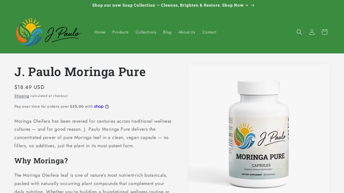 Screenshot of Moringa Pure page on jpauloinc.com