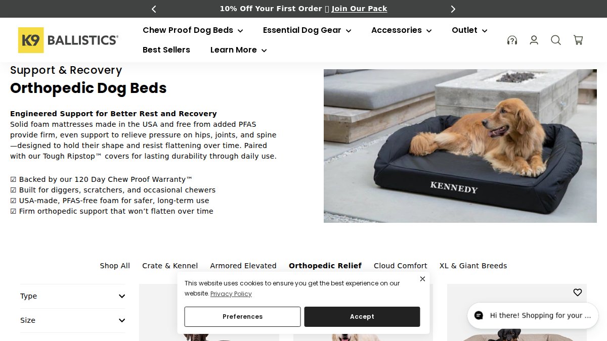 Screenshot of Orthopedic Dog Beds page on k9ballistics.com