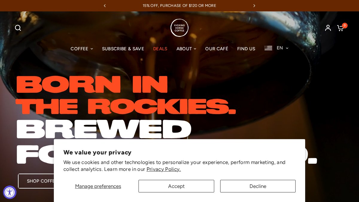 Screenshot of kickinghorsecoffee.com interface