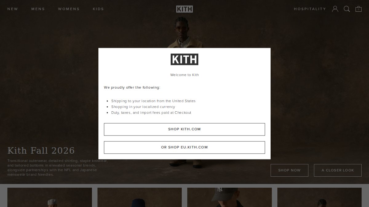 Screenshot of kith.com interface