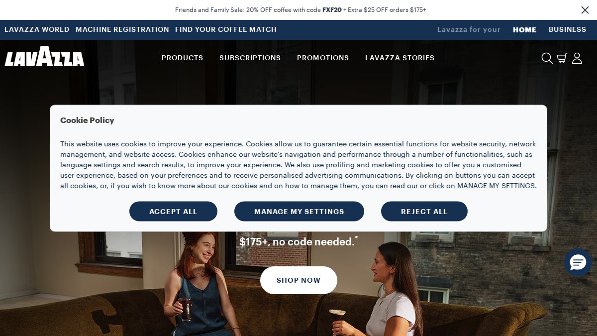 Screenshot of lavazza.us interface