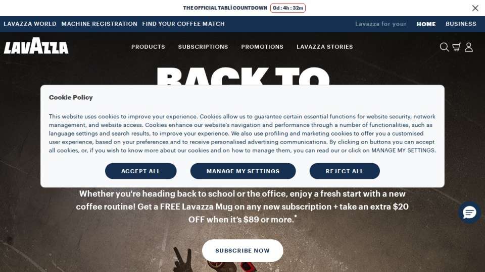 Screenshot of lavazza.us interface