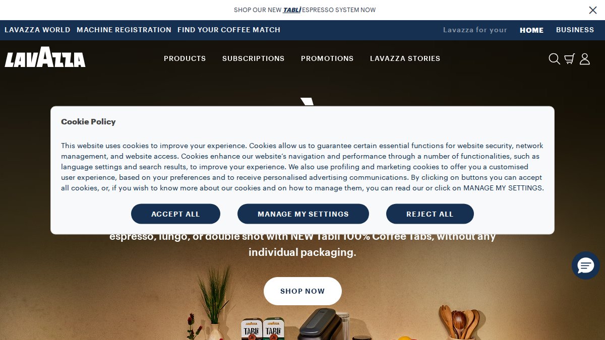 Screenshot of lavazza.us interface