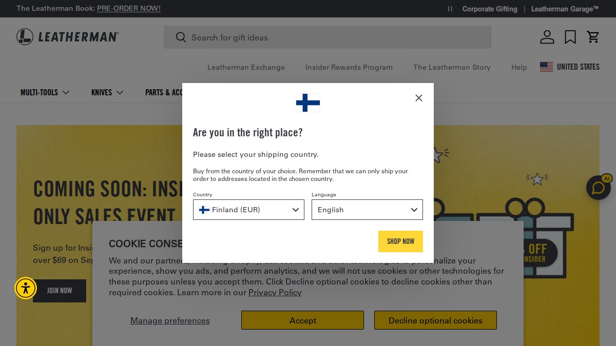 Screenshot of leatherman.com interface