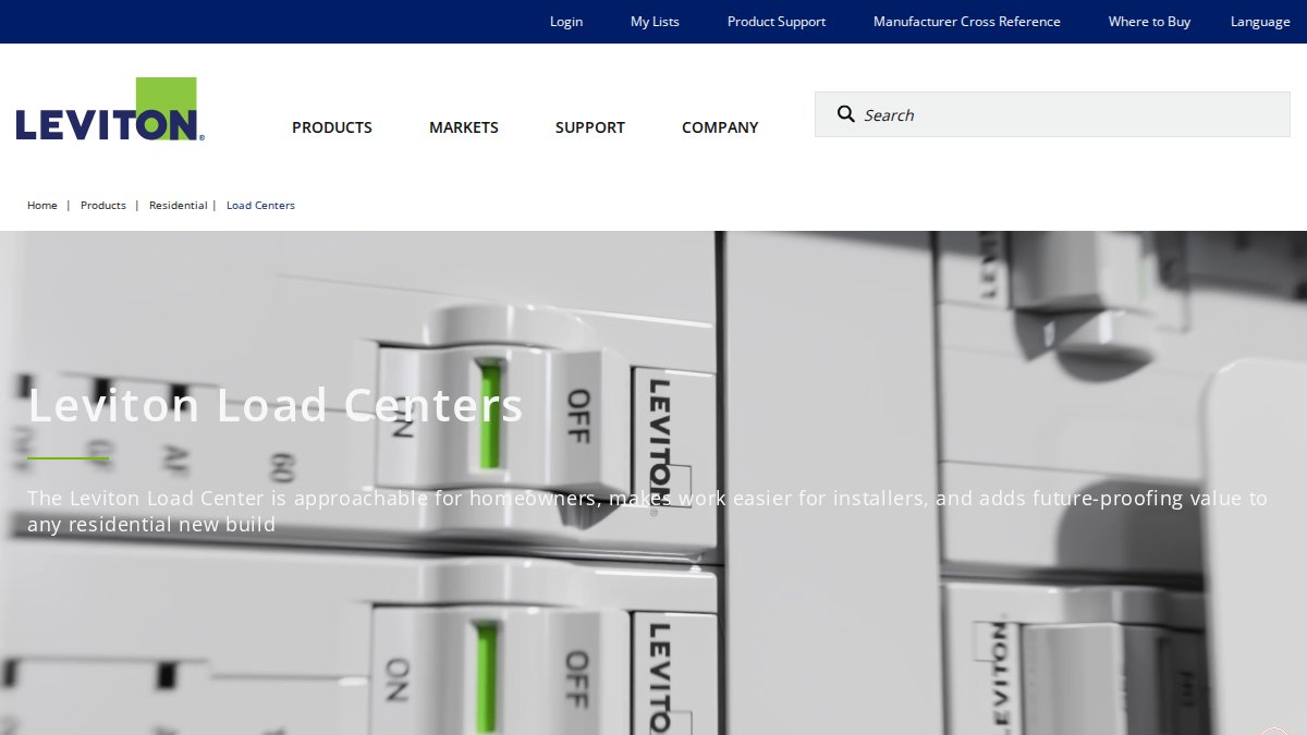 Screenshot of Load Centers page on leviton.com