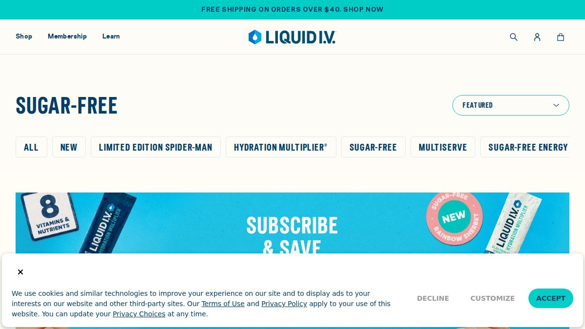 Screenshot of Sugar Free page on liquid-iv.com