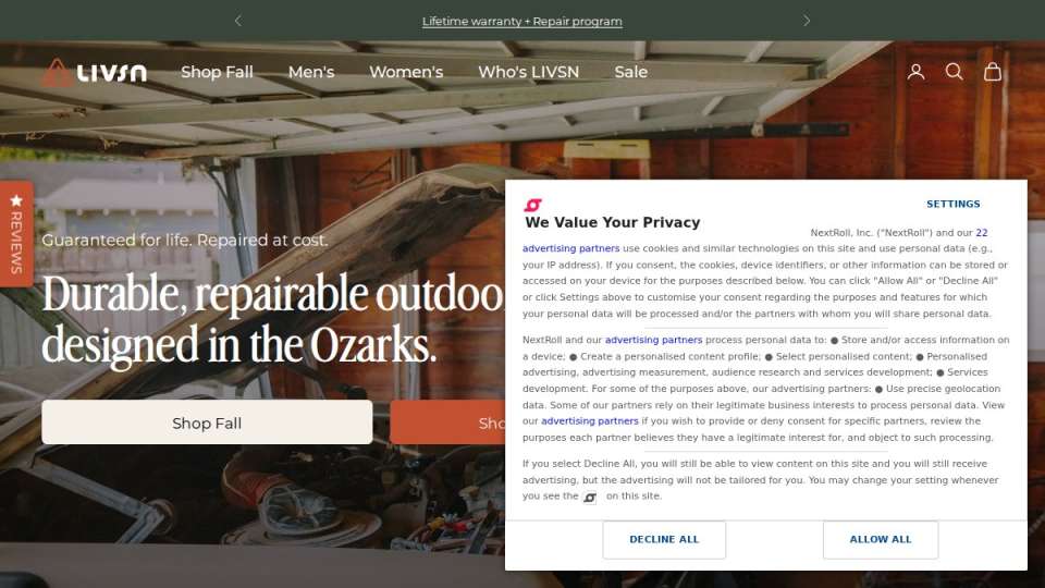 Screenshot of livsndesigns.com interface