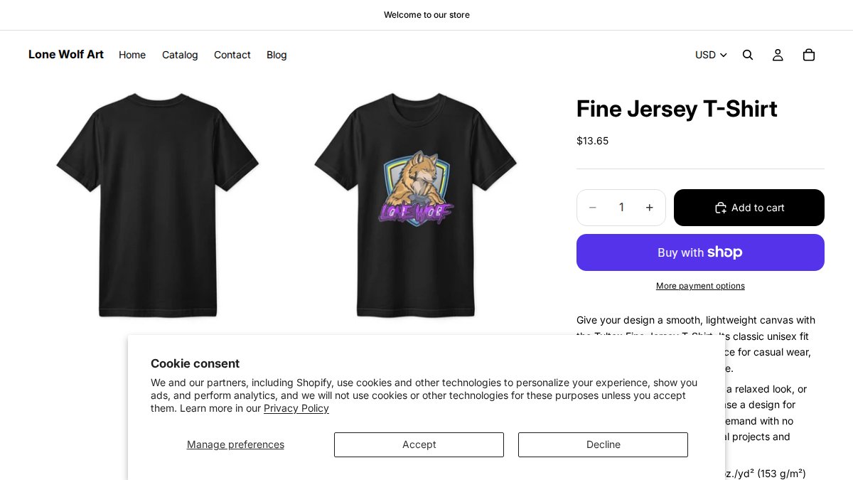 Screenshot of Fine Jersey T Shirt 1 page on lonewolfart-store.myshopify.com