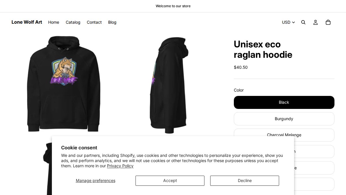Screenshot of Unisex Eco Raglan Hoodie 1 page on lonewolfart-store.myshopify.com