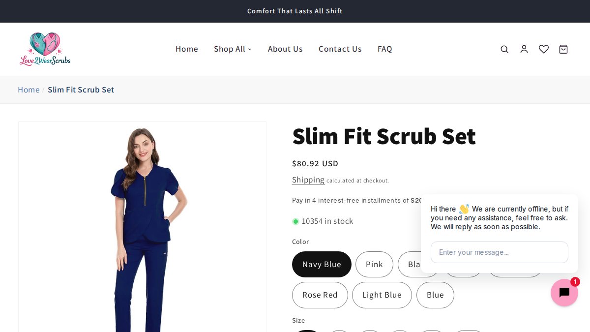 Screenshot of Womens Fashion Slim Fit Nurses Uniform Short Sleeve Pants Suit page on love2wearscrubs.com